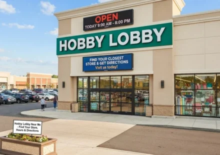 Hobby Lobby storefront exterior displaying store hours and directions to find the closest location near me