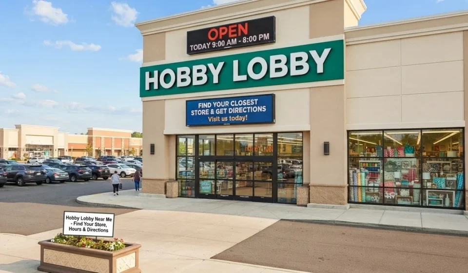 Hobby Lobby storefront exterior displaying store hours and directions to find the closest location near me