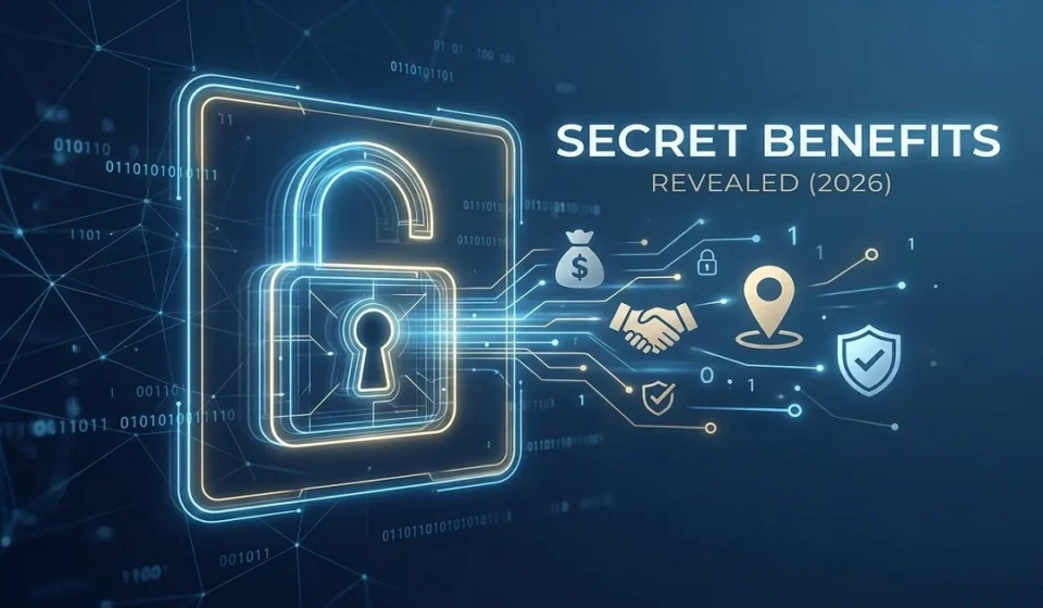 Secret Benefits Revealed 2026 concept illustration with unlocked security padlock and feature icons