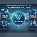 Voozon all-in-one digital platform showcasing smart tools including marketing, CRM, sales, and analytics dashboard