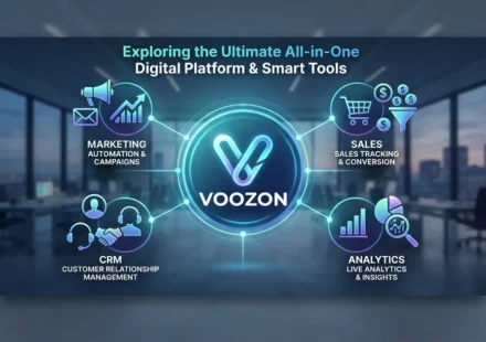 Voozon all-in-one digital platform showcasing smart tools including marketing, CRM, sales, and analytics dashboard