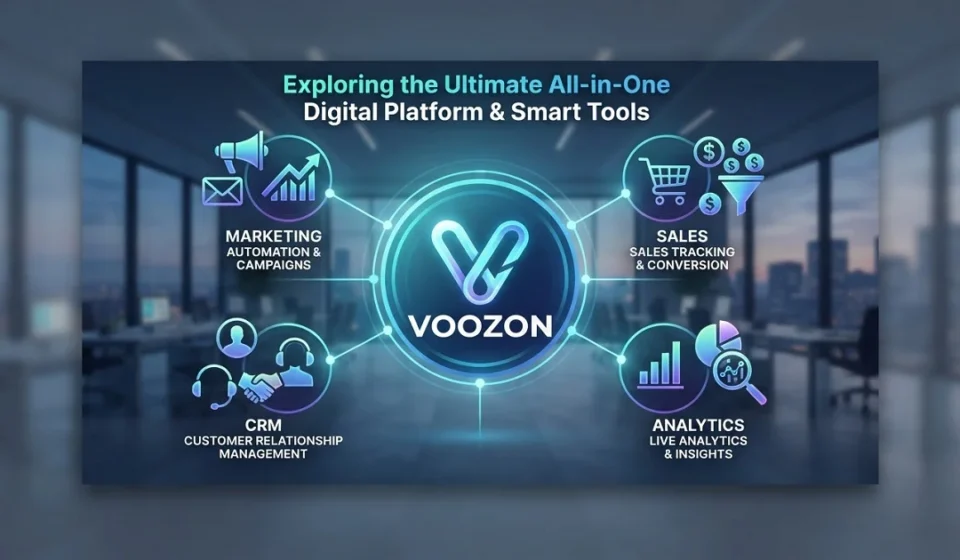 Voozon all-in-one digital platform showcasing smart tools including marketing, CRM, sales, and analytics dashboard