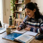 Woman studying English grammar with a laptop and notebook