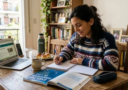 Woman studying English grammar with a laptop and notebook