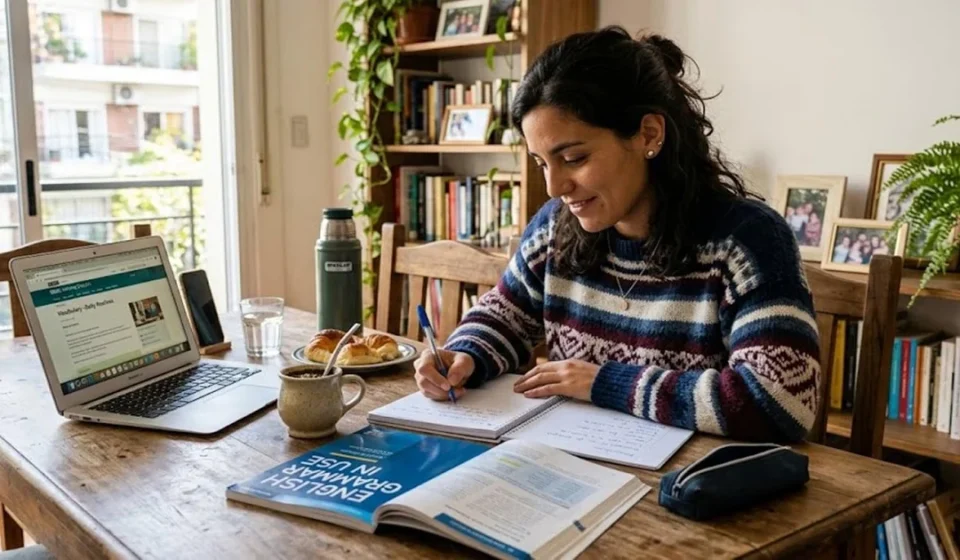 Woman studying English grammar with a laptop and notebook