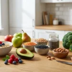 High fiber foods including fruits, vegetables, oats, legumes, seeds, and whole grains
