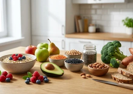 High fiber foods including fruits, vegetables, oats, legumes, seeds, and whole grains