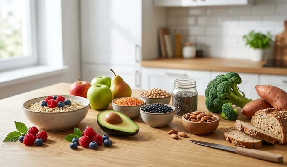 High Fiber Foods: 25 Easy Ways to Get More Fiber Every Day High fiber foods including fruits, vegetables, oats, legumes, seeds, and whole grains