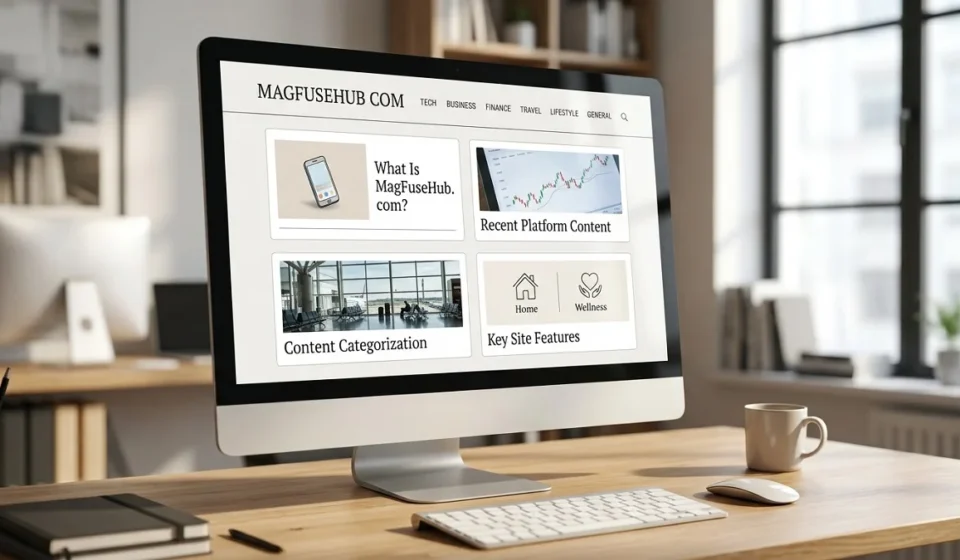 MagFuseHub Com website displayed on a desktop screen with multiple magazine content categories.