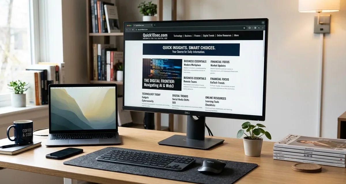 Quick10sec com website with technology and business information on a computer screen