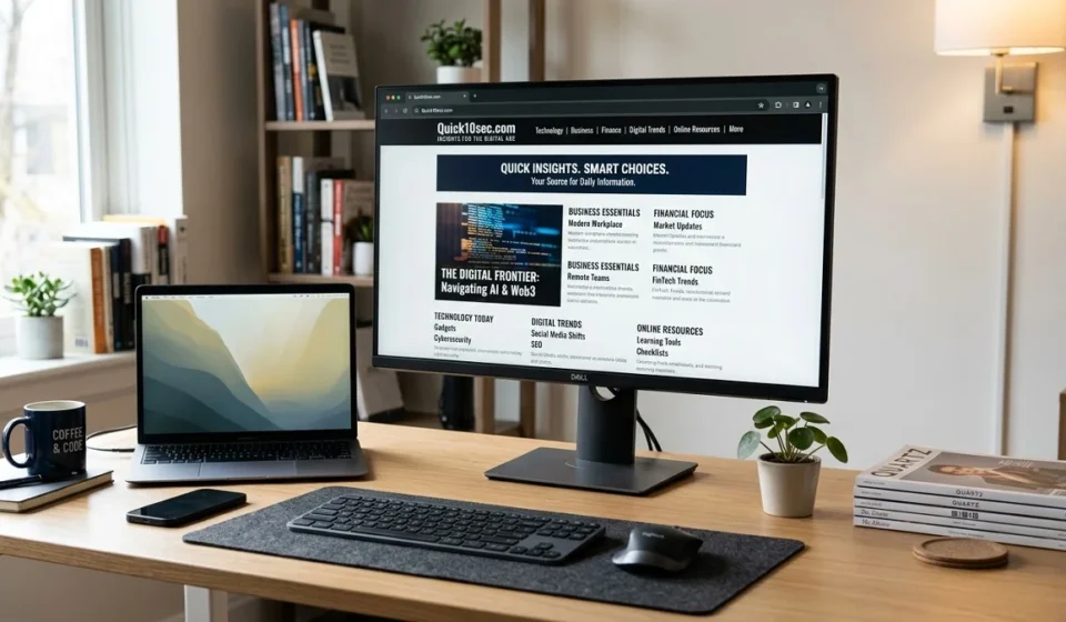 Quick10sec com website with technology and business information on a computer screen