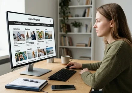 Person reviewing Brumeblog.com content and credibility on a laptop at a home office desk