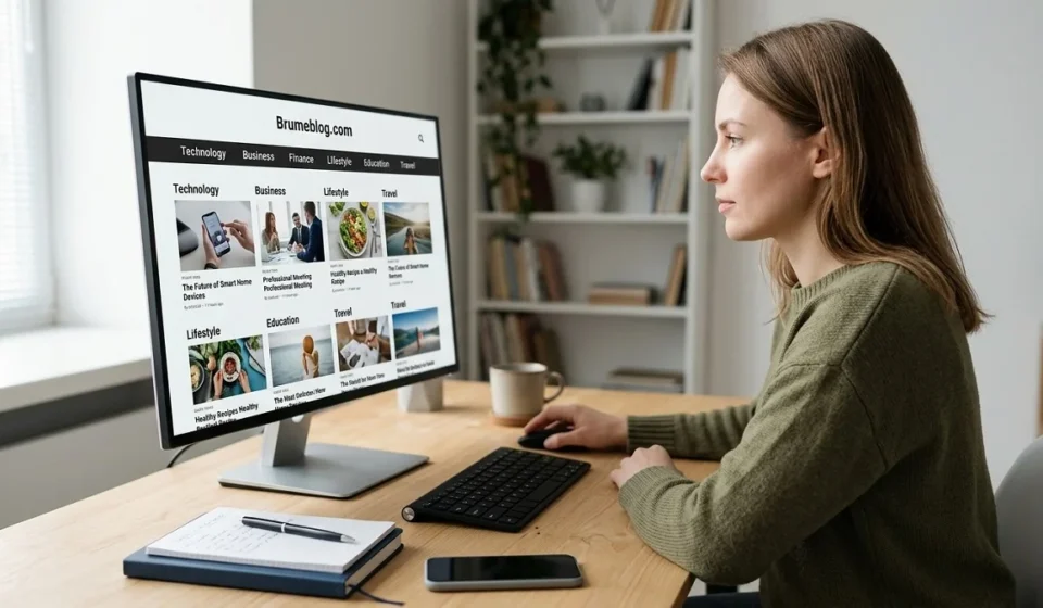 Person reviewing Brumeblog.com content and credibility on a laptop at a home office desk