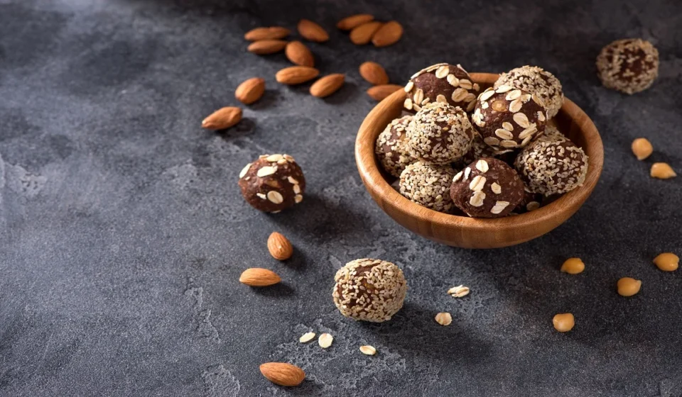 Healthy homemade protein balls with nuts, oats, and seeds