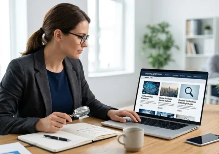 Reader comparing a news website on a laptop with a handwritten checklist while reviewing TrendingPressWave.com