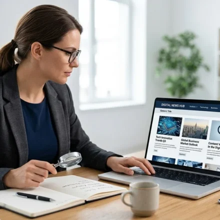 Reader comparing a news website on a laptop with a handwritten checklist while reviewing TrendingPressWave.com