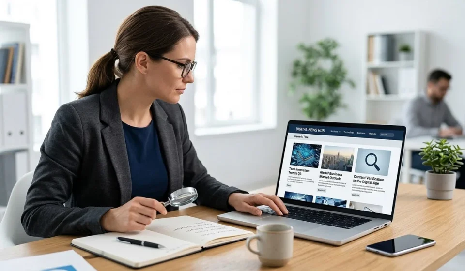 Reader comparing a news website on a laptop with a handwritten checklist while reviewing TrendingPressWave.com