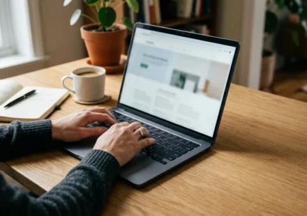 Person browsing a website on a laptop to learn more about Yenkly.com