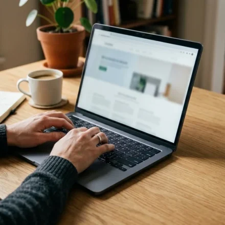 Person browsing a website on a laptop to learn more about Yenkly.com