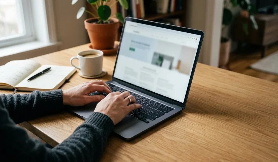 Person browsing a website on a laptop to learn more about Yenkly.com